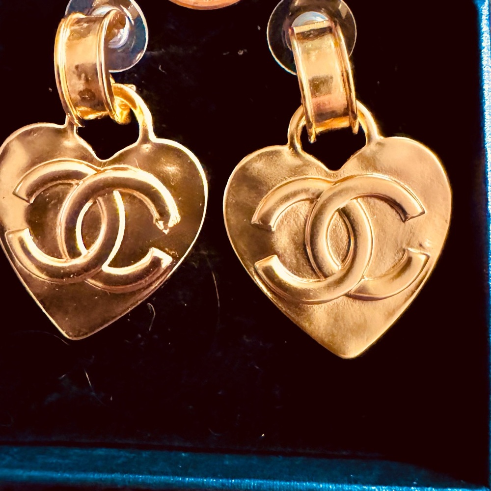 CHANEL Gold Heart Drop Earrings with CC Logo